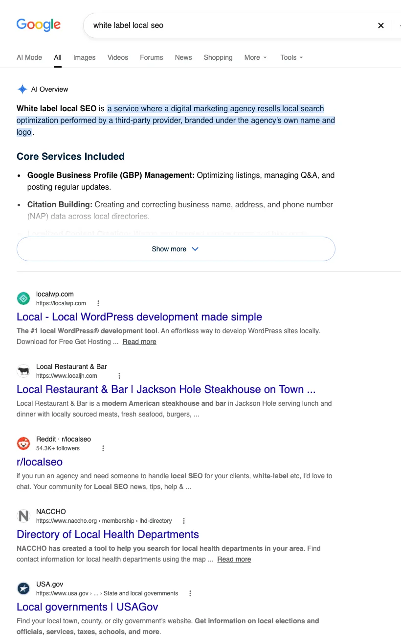 Page de résultats empoisonnée du 7 octobre 2026 : les sites spécialisés ont été remplacés par localwp.com, un restaurant du Wyoming, Reddit et des sites d'administrations américaines